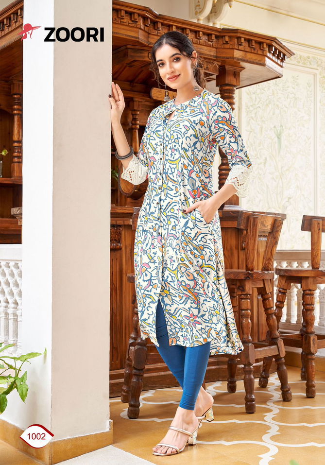 Aadhya By Zoori Rayon Printed Designer Kurti Wholesale Suppliers In Surat
